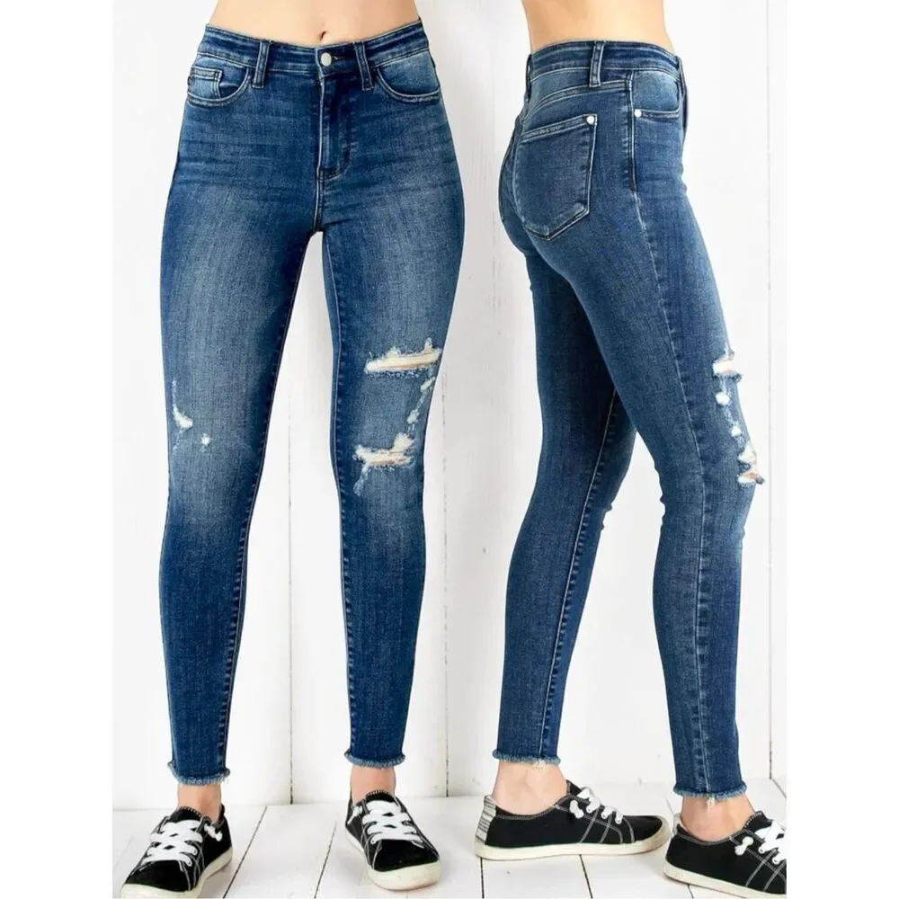 Judy Blue High Rise Skinny Jeans Dark Wash Distressed Stretch Denim Raw Hem NEW